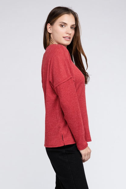 Ribbed Brushed Melange Hacci Sweater with a Pocket