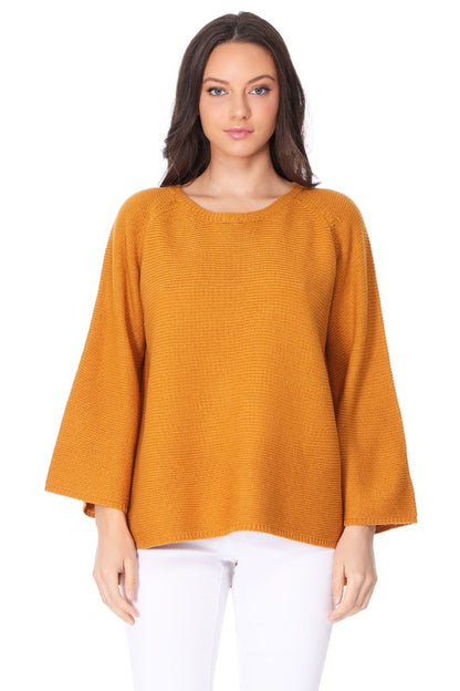 Boat Neck Bell Sleeve High Low Pullover Sweater